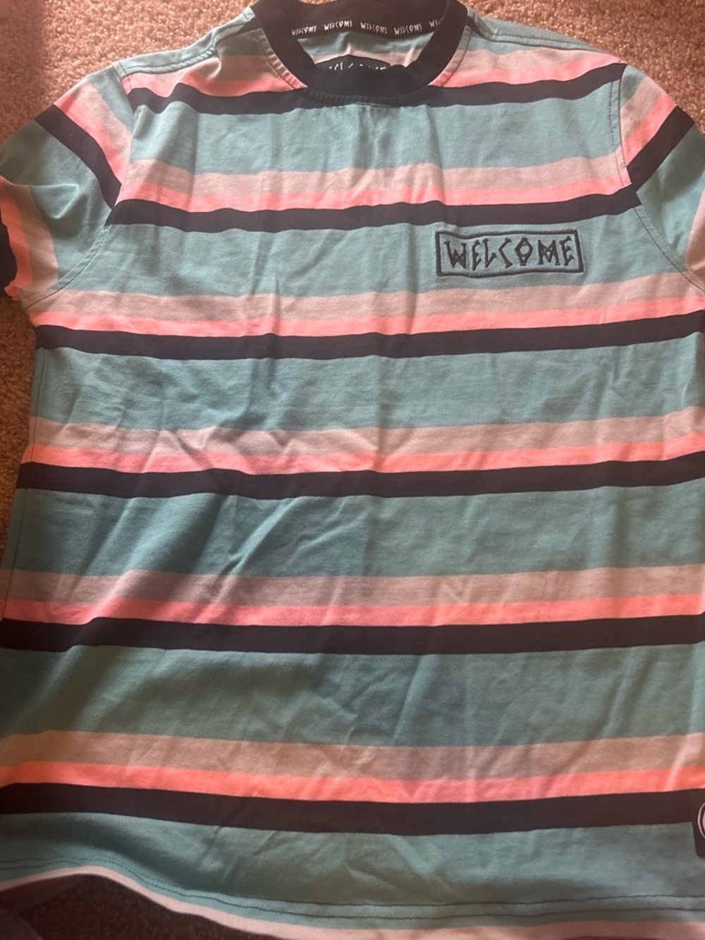 Men's Striped Short Sleeve Tee - Aqua, Pink & Black